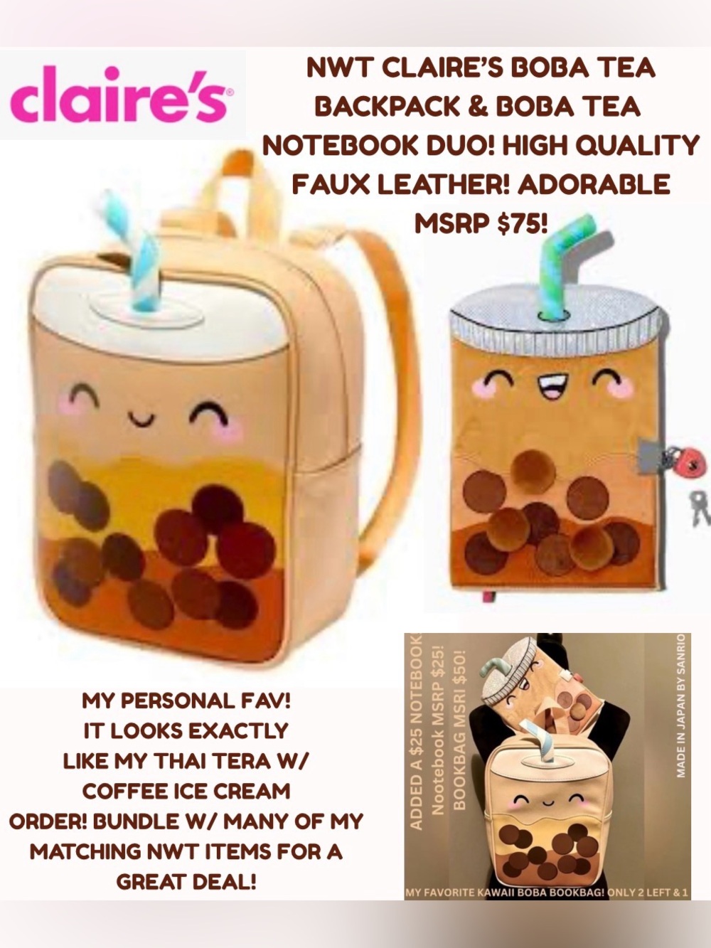 NWT 3 FOR 1 BOBA FAUX LEATHER BACKPACK WITH BOBA KEYCHAIN, & $20 NOTEBOOK!